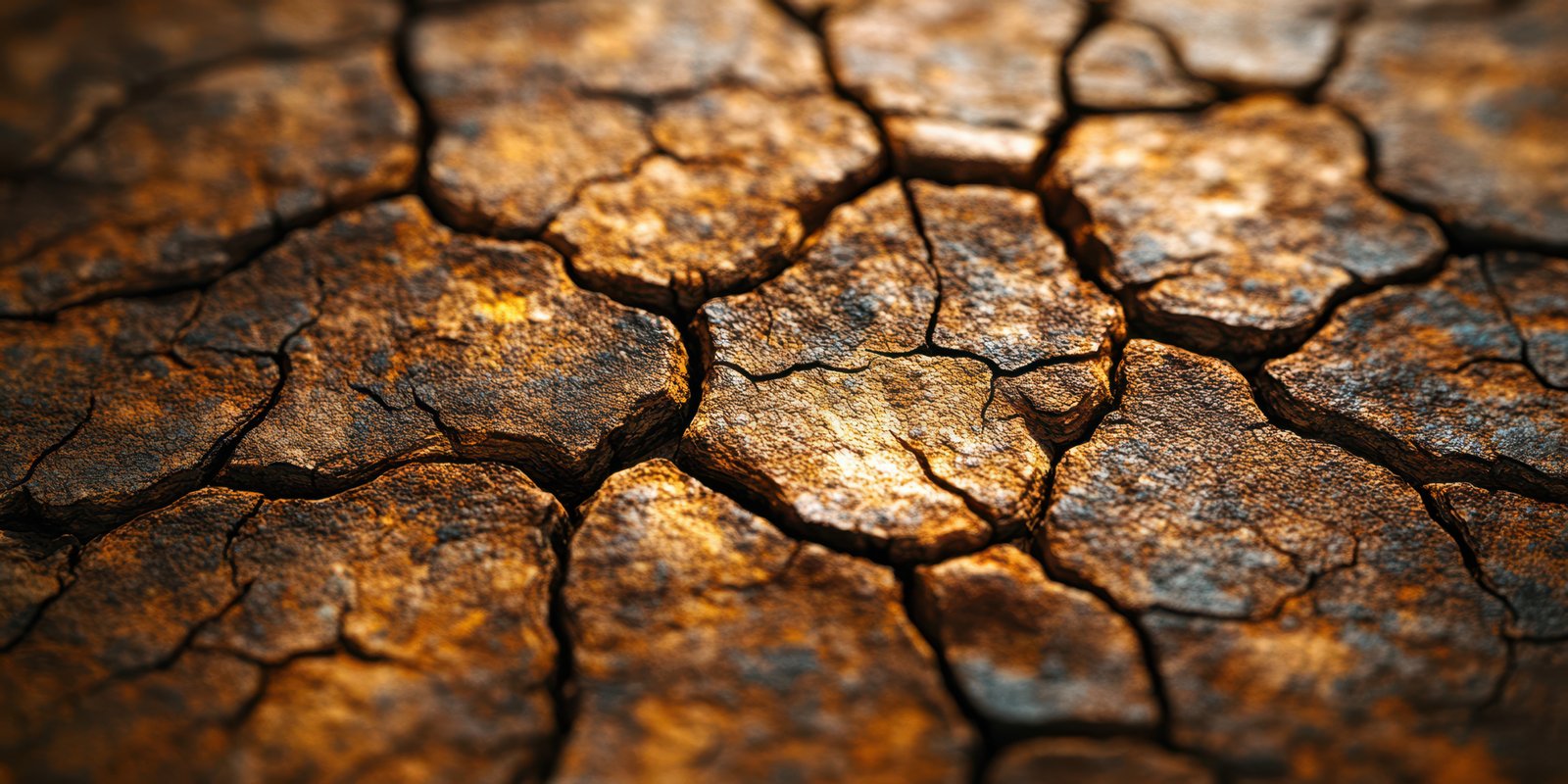Dry cracked earth displaying textures and colors at sunset in an arid landscape